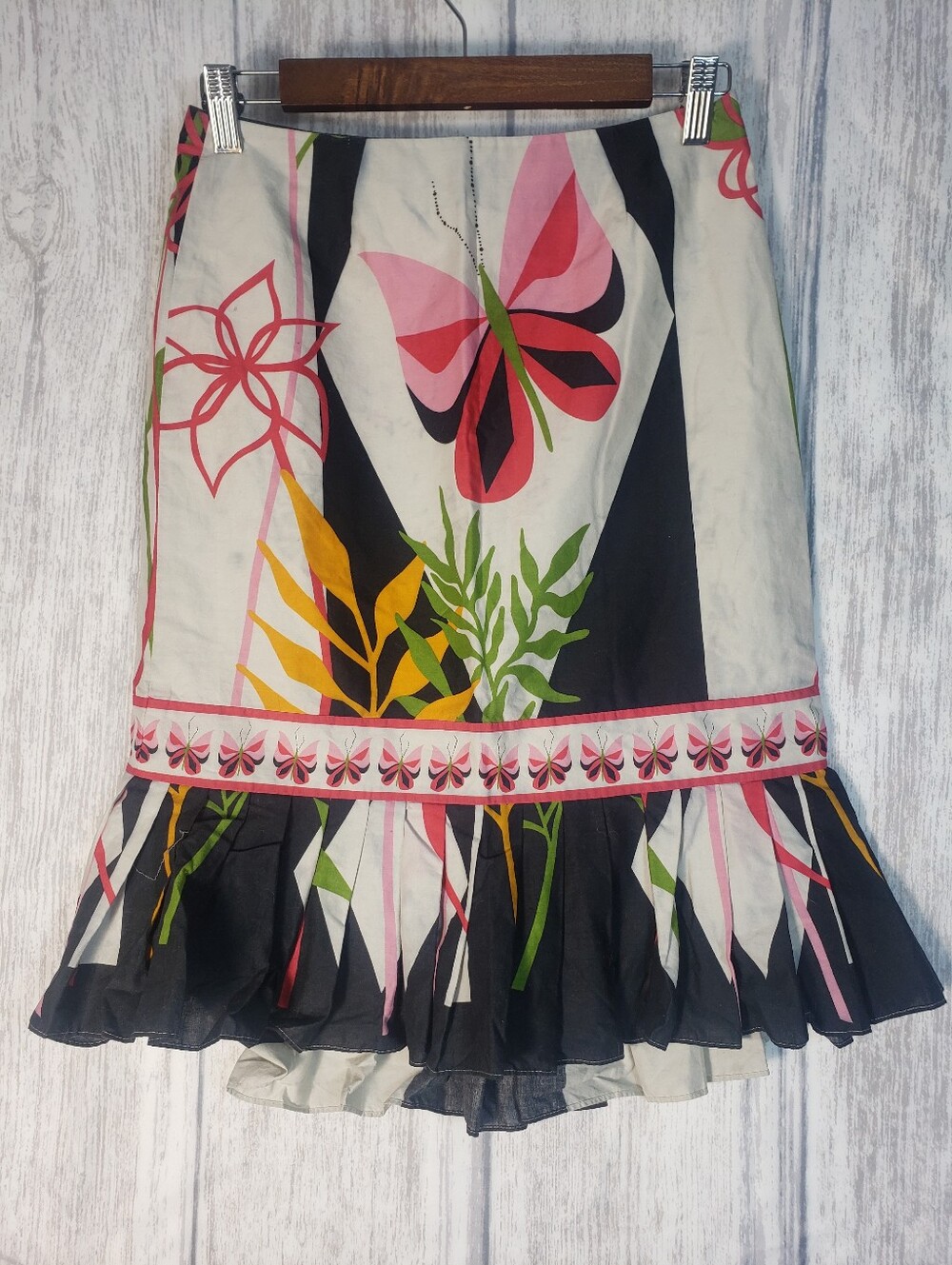 Tibi Butterfly Floral Flounce Hem Cotton Skirt Vtg Y2k Lined Whimsy Size 0 B30
